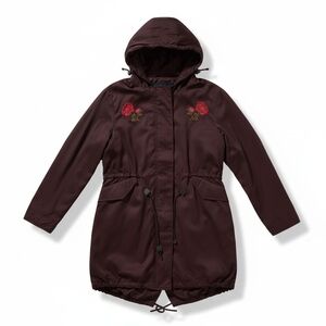 COACH x Keith Haring Floral Embroidered Burgundy Hooded Jacket / Parka, Size 0